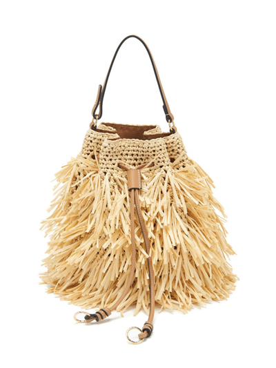 Ulla Johnson Gigi Leather-trimmed Fringed Raffia Bucket Bag In Natural