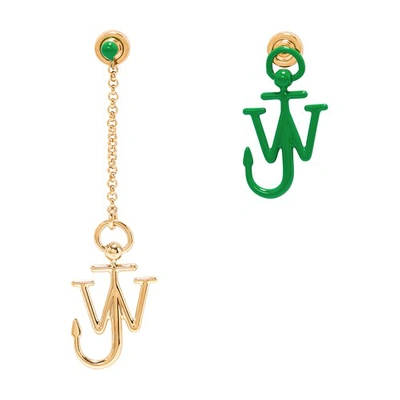 Jw Anderson Enamel Gold-plated Asymmetric Anchor Drop Earrings In Green