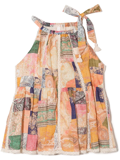 Zimmermann Kids' Paisley Patchwork Printed Cotton Dress In Multicolor