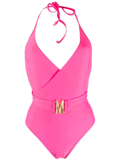 Moschino Logo标牌挂脖连体泳衣 In Pink