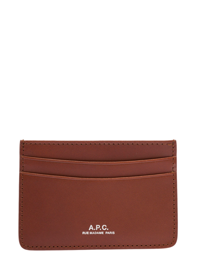 Apc A.p.c.  Man's Brown Leather Card Holder With Logo Print