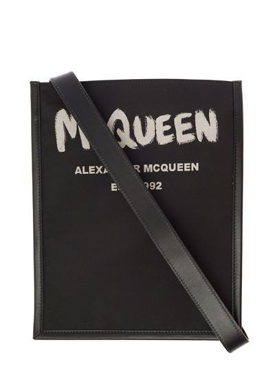 Alexander Mcqueen Man's Black Leather Crossbody Bag With Logo Print