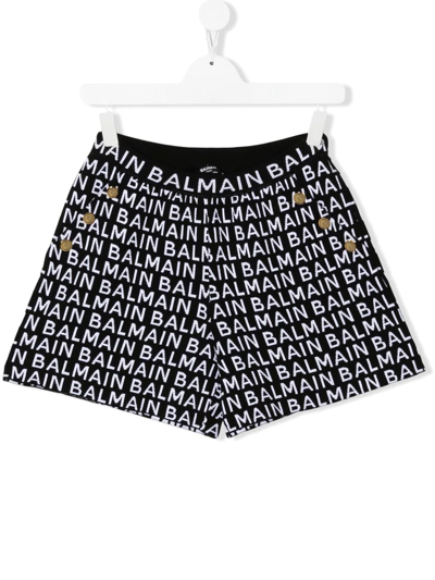 Balmain Black Kids Shorts Wiith All-over Contrasting Logo