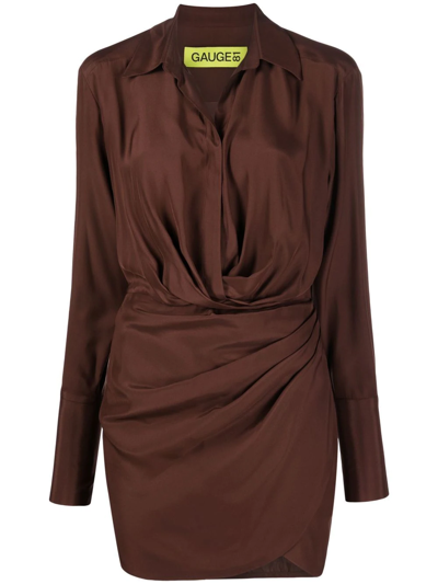 Gauge81 Naha Draped Mini Silk Shirt Dress In Brown