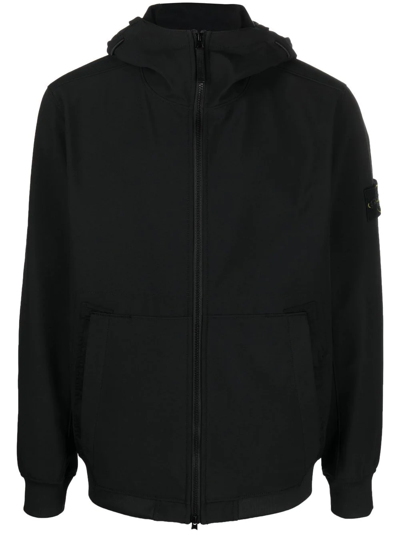 Stone Island Compass-patch Hooded Zip-up Jacket In Nero