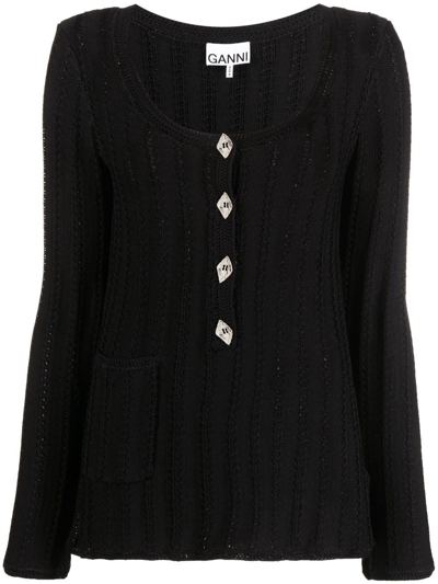 Ganni Knitted Henley Top In Black