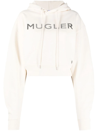 Mugler Metallic-logo Cropped Hoodie In Neutrals