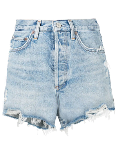 Agolde Riley Distressed-finish Jean Shorts In Light Blue