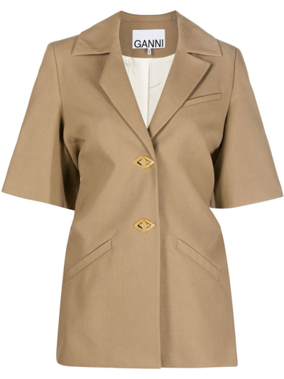 Ganni V-neck Single-breasted Organic Cotton Blazer In Petrified Oak