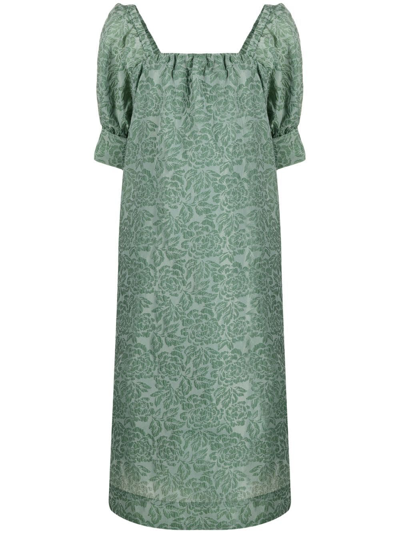 Ganni Square-neck Jacquard-pattern Organza Midi Dress In Green