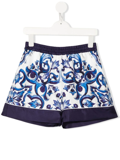Dolce & Gabbana Kids' Majolica-print High-waisted Shorts In Blue