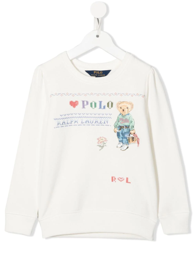 Ralph Lauren Kids' Polo Bear Logo-embroidered Sweatshirt In Bianco