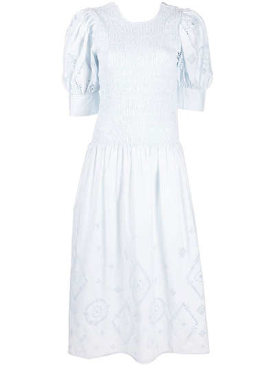 Ganni Smocked Broderie-anglaise Organic-cotton Dress In Illusion Blue