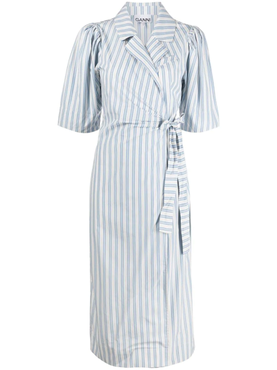 Ganni Striped Belted Organic Cotton-poplin Wrap Midi Dress In Forever Blue