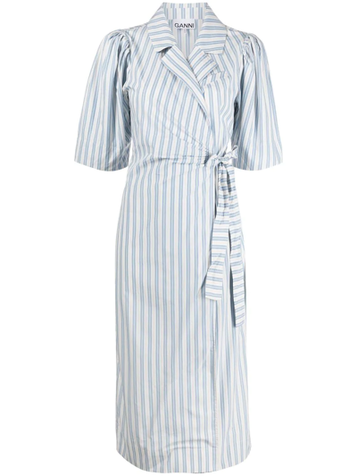 Ganni Striped Belted Organic Cotton-poplin Wrap Midi Dress In White