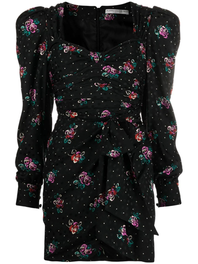 Alessandra Rich Ruched Wrap-effect Floral-print Silk-jacquard Mini Dress In Black