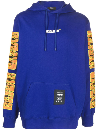 Msgm Logo-print Drawstring Hoodie In Blau