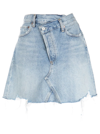 Agolde Crisscross Raw Hem Denim Miniskirt In Denim-lt