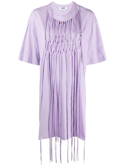 Msgm Logo-embroidered Macrame-tassel T-shirt Dress In Purple