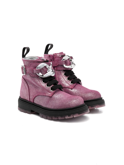 Monnalisa Kids Pink Glittered Chain Ankle Boots In Purple