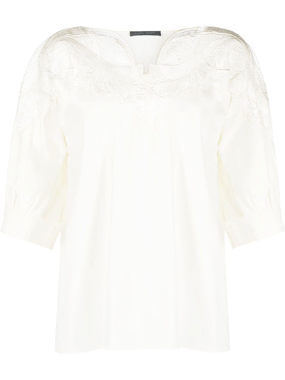 Alberta Ferretti Lace-panel Gathered-detail Blouse In Neutrals