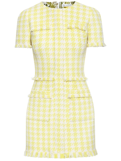 Oscar De La Renta Short Sleeve Mini Gingham Tweed Dress In Banana White