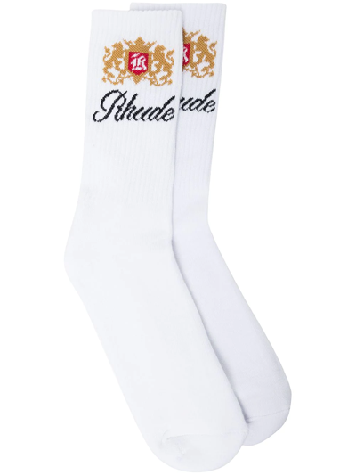 Rhude Logo Embroidered Ankle Socks In White/tan/red