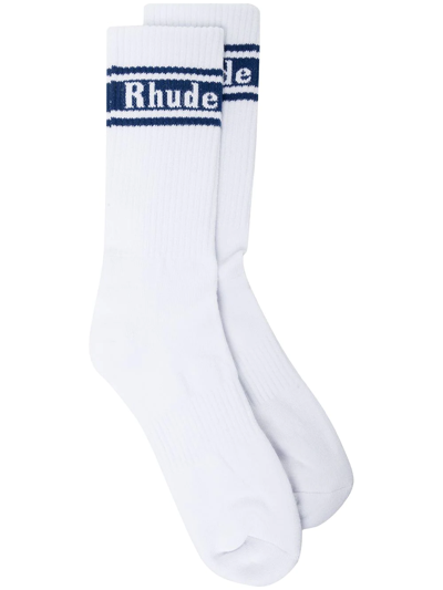Rhude Striped Logo-jacquard Ribbed Stretch Cotton-blend Socks In White