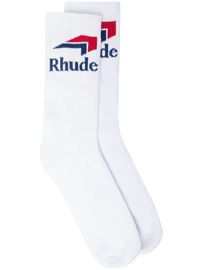 Rhude Logo-jacquard Ribbed Stretch Cotton-blend Socks In White
