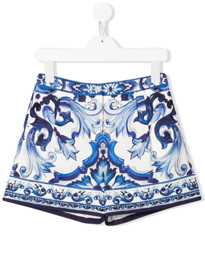 Dolce & Gabbana Kids' Majolica-print High-waisted Shorts In Blue