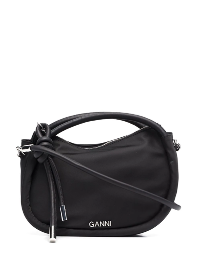 Ganni Curved Logo-letter Tote Bag In Black