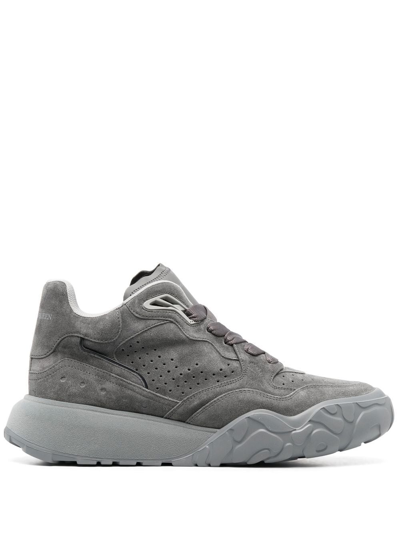 Alexander Mcqueen Court Exaggerated-sole Perforated Suede Sneakers In Grey