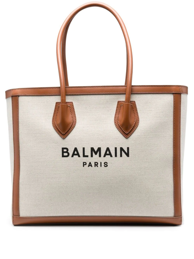 Balmain B Army Logo Canvas Shopper Tote Bag In Naturel_marron