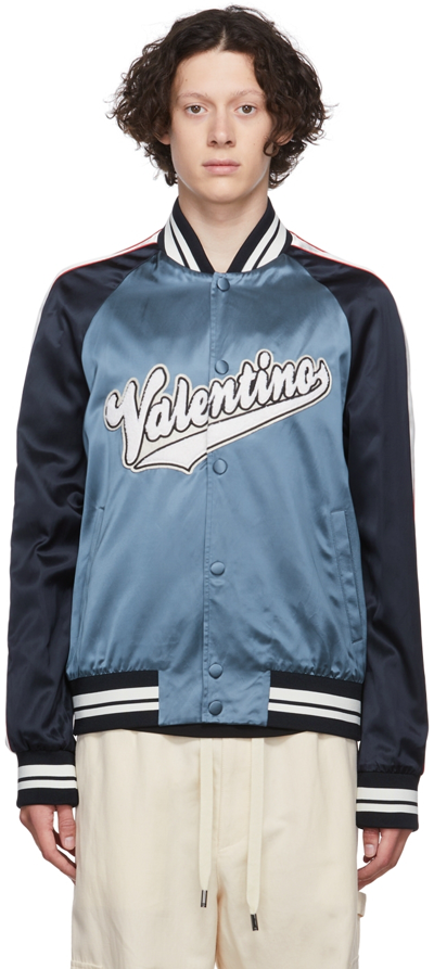 Valentino Blue And Dark Blue Bomber Jacket With Logo Patch In Black