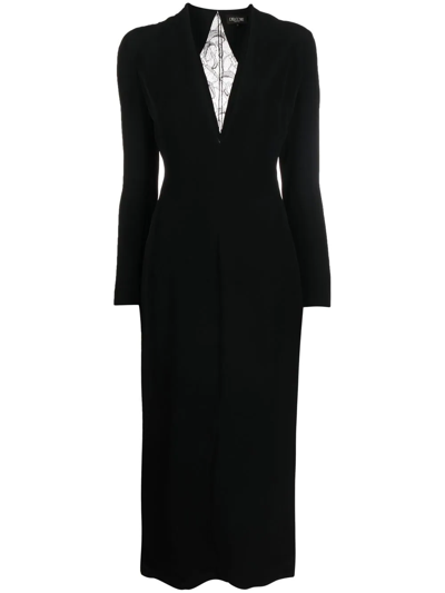 Del Core Viscose Cady & Lace V-neck Midi Dress In Black