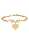 HMY JEWELRY 18K GOLD PLATED STAINLESS STEEL 10MM PEARL HEART CHARM BRACELET