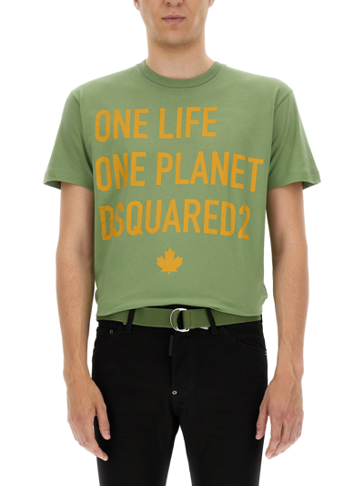 Dsquared2 One Life One Planet Print Cotton T-shirt In Green