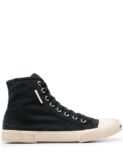 Balenciaga Men's Paris High-top Distressed Canvas Sneakers In Black