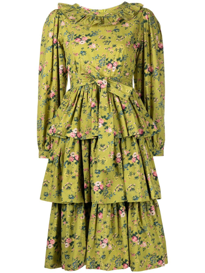 Batsheva + Laura Ashley Welsh Ruffled Floral-print Cotton-poplin Dress In Green