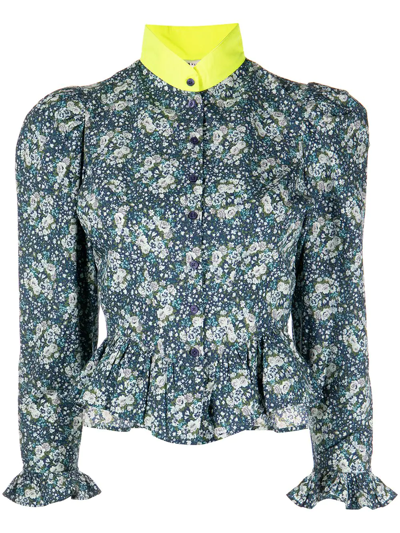 Batsheva + Laura Ashley Grace Floral-print Cotton-poplin Blouse In Blue