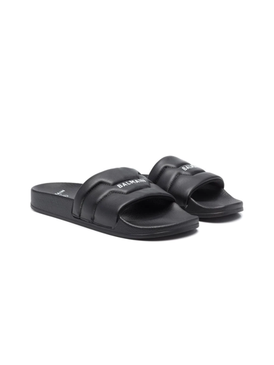 Balmain Kids' Black Logo Print Padded Slides