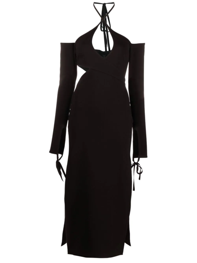 Attico Greta Wrap-effect Cutout Cotton-blend Halterneck Midi Dress In Black
