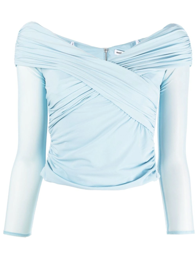 Self-portrait Stretch Jersey Crossover Top In Light Blue