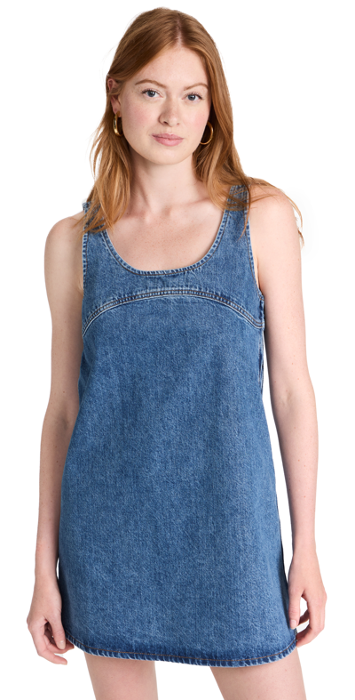 Frame Micro Flare Denim Dress In Medium Wash In Blue