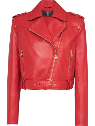 Balmain Belted Leather Crop Biker Jacket In Red