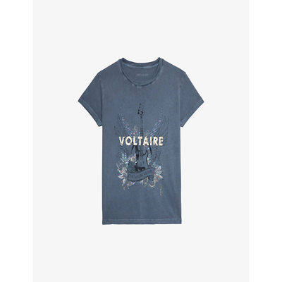 Zadig & Voltaire Walk Guitar Branded Graphic-print Cotton-jersey T-shirt In Bleu De Gris