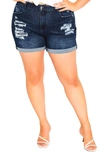 City Chic Trendy Plus Size Ripped Love High Rise Shorts In Dark Denim