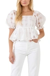 English Factory Check Puff Sleeve Organza Peplum Blouse In White