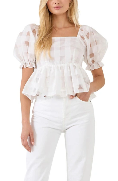 English Factory Check Puff Sleeve Organza Peplum Blouse In White