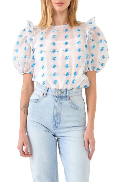 English Factory Floral Embroidery Puff Sleeve Organza Top In Blue Multi